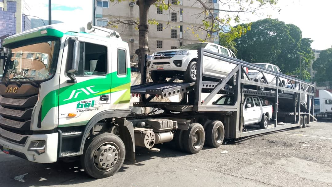 Cigüeña de Mega Bel Transporte cargada con vehículos